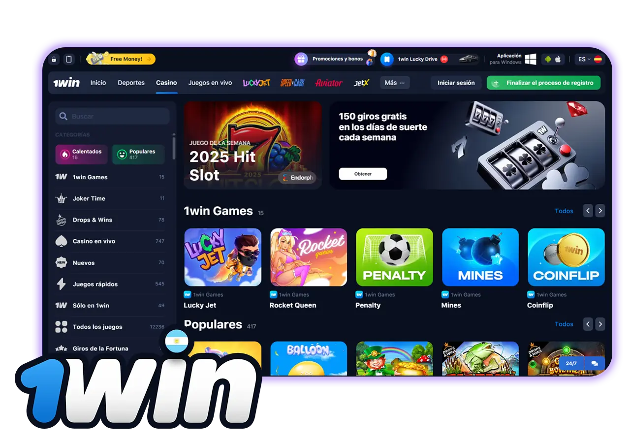 Información sobre la sección Casino en 1Win Argentina